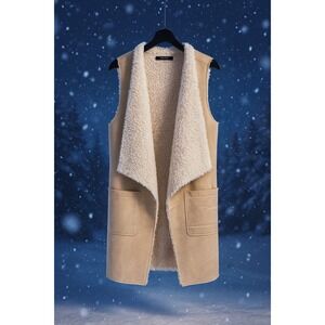🧸 Akira Women's Beige Faux Shearling Fuzzy Open Vest – One Size